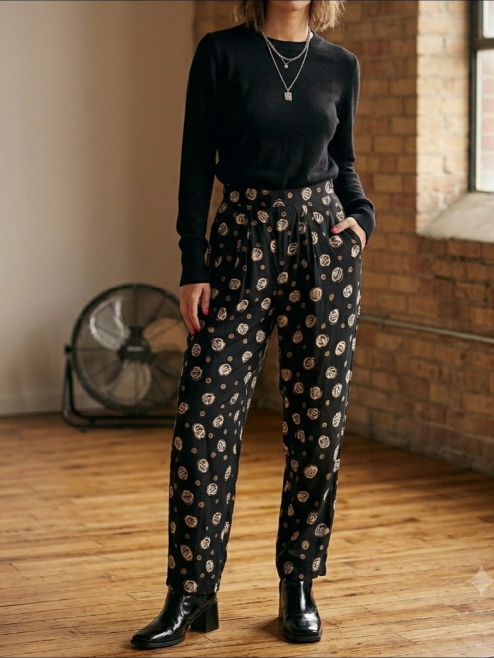 High-Rise Black Straight-Leg Pants with Beige Print